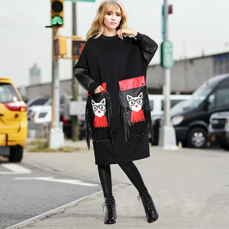 Женское платье средней длины с длинным рукавом милое черное из искусственной