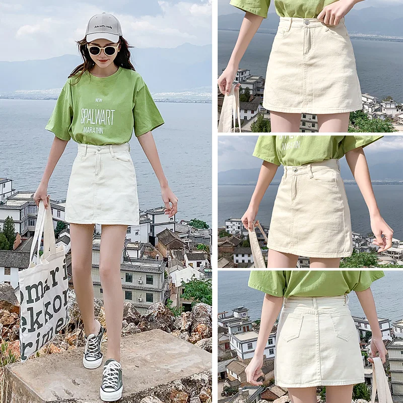 

WERUERUYU Women Summer Black Beige Pink Solid Casual High Waist Denim Skirts Street Short Jeans School Skirt