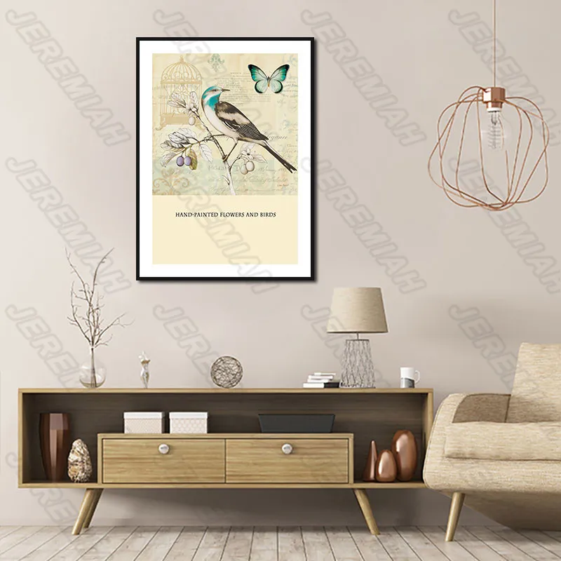 

Bird and Butterfly Standing On The Tree Poster Nordic Style Wall Art Canvas Print Painting Modern Living Room Decoration