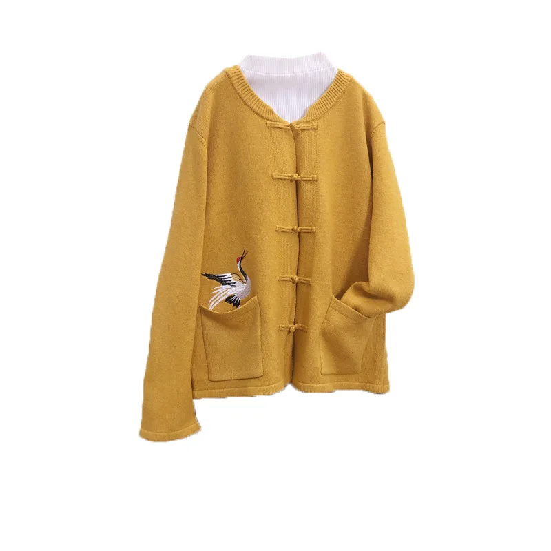 Китайский ветер ретро трикотажные топы пластины кнопки Осень Зима Женский