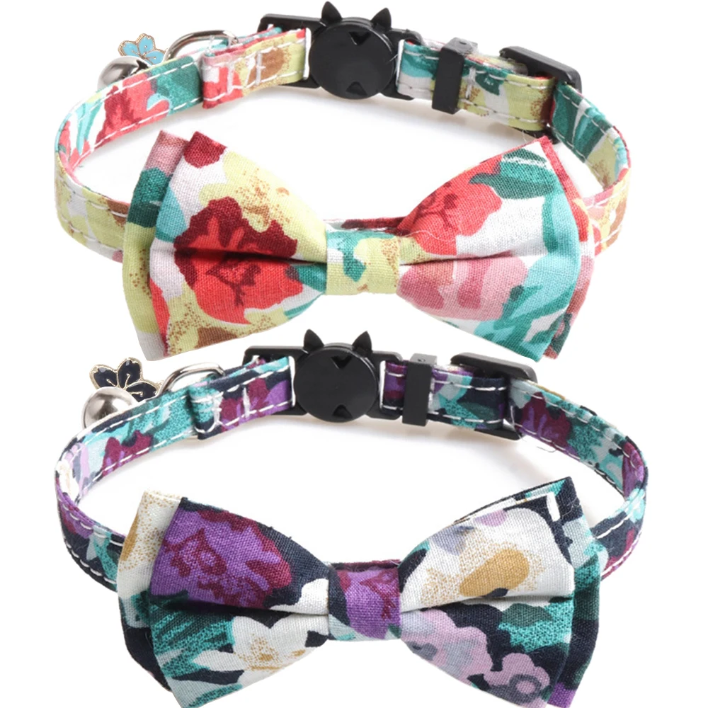 

Bowtie Cat Collar Breakaway with Bell Cute Flower Floral Patterns Adjustable Safety Kitten Collars for Kitty Puppy Accessories
