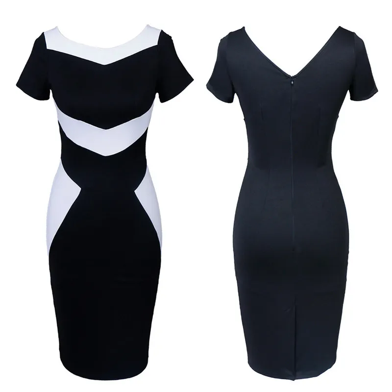 Women Elegant Dress 2019 Spring summer Short Sleeve O Neck Knee Length Shift pencil Dresses OL Style Black and white Work | Женская