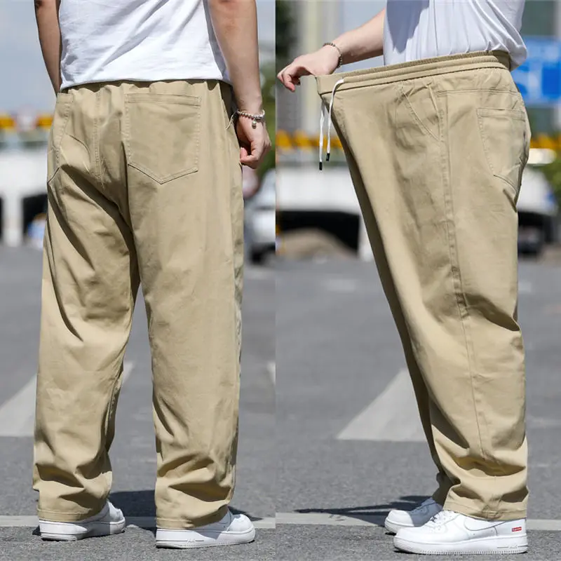 

2021 summer plus size casual pants men's loose plus fat increase fat straight trousers pure cotton solid color fat guy pants men