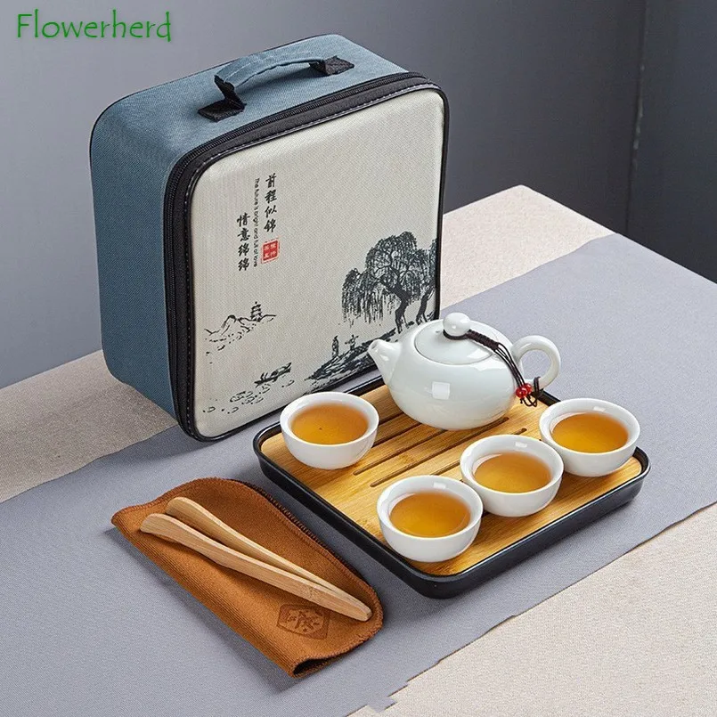 

Ceramic Porcelain Kung Fu Tea Set Teaware Tea Pot and Cup Set Travel Tea Set One Pot Four Cups Portable Outdoor Teapot Teacup