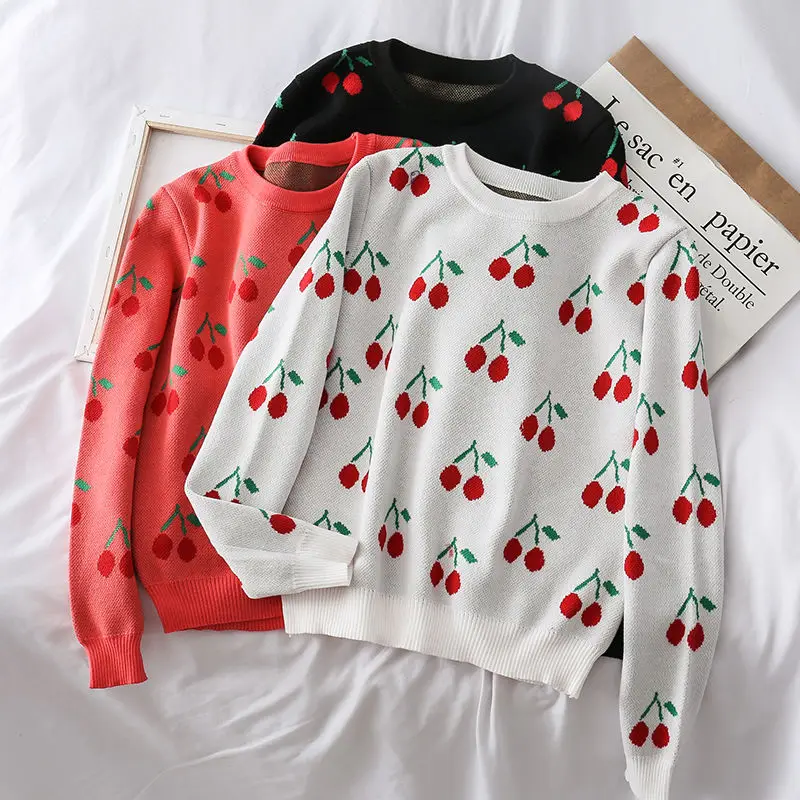 

2020 Women Autumn Winter Sweet knitted Sweater Pullovers Female Knitted Cherry Printed Shirts Lady knitting Jumper Tops Outwear
