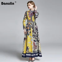 banulin robe automne femme runway long sleeve christmas dress women stand color vintage floral print sashes long maxi dress