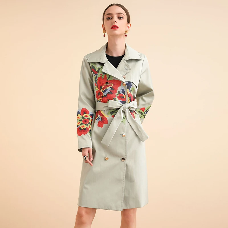 AELESEEN 2020 Spring Office Lady Windbreaker Runway Design Luxury Cross Stiching Floral Embroidery X-Long Coat With Sashes | Женская