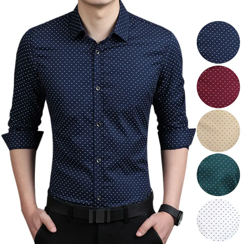 Мужская приталенная рубашка в горошек с длинным рукавом|Повседневные рубашки| |