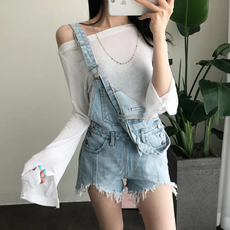 Женский джинсовый комбинезон лето 2020 Винтаж рваные короткие брюки летний ремень