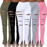 distressed ripped high waist ruched stacked pants sweatpants women joggers hole elastic split bell bottom trousers streetwear