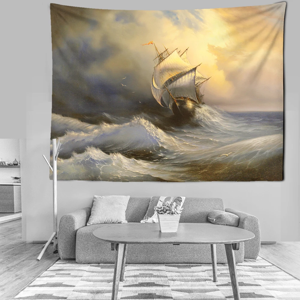 Классический настенный гобелен с волнистым парусником художественное украшение