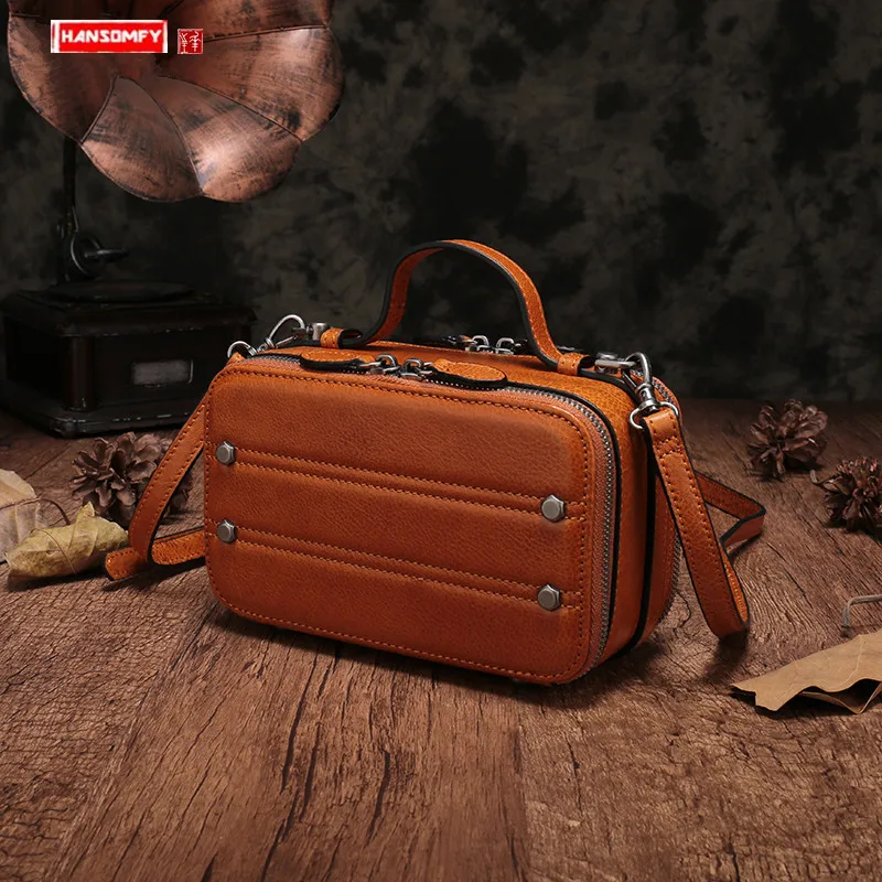

Retro Stereotyped Women's Small Square Bag Header Leather Multi-compartment Female Handbag Mini Leather Shoulder Small Box Bags