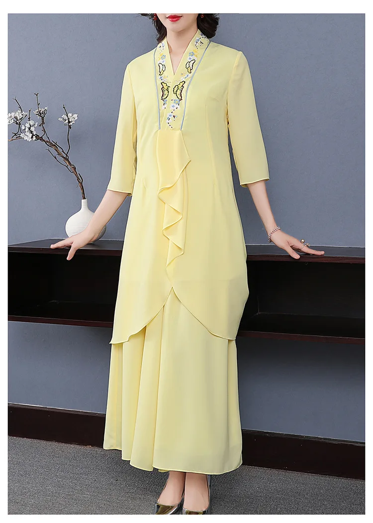 Spring traditional Chinese style retro embroidered cheongsam long top+long wide leg trousers two pieces set suits for women