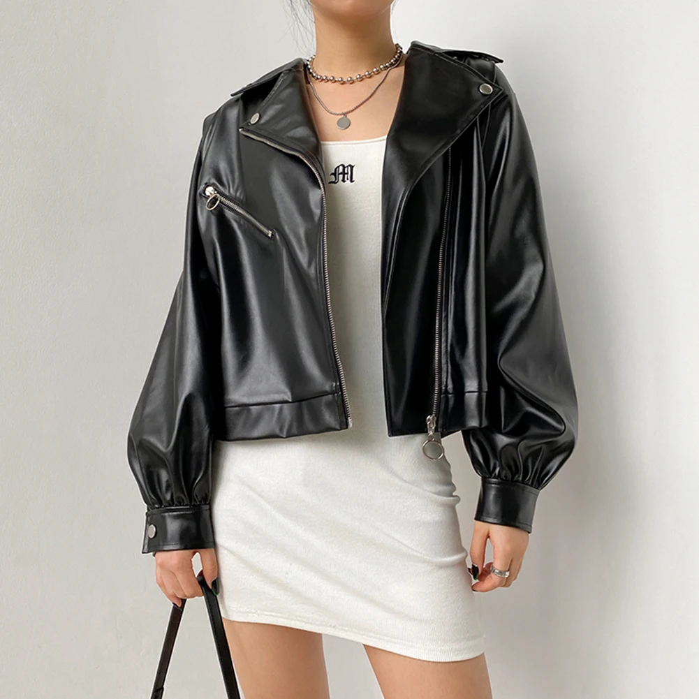 

Harajuku Punk Faux Leather Jacket Women Autumn Vintage Cropped Biker Jackets Elegant Black PU Coat Ladies Streetwear