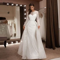 verngo sparkly glitter long sleeves wedding dress with deatchable overskirt jewel neck floor length modern 2021 bridal dresses