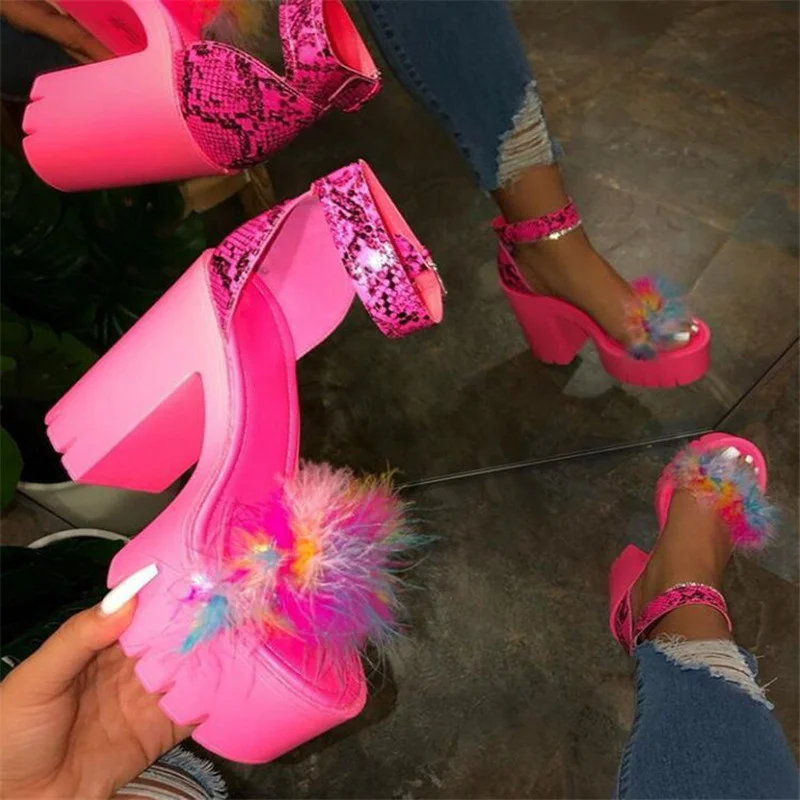 

Woman Furry Sandals High Heels with Fur Female Platform Pumps Women Ankle Strap Women's Wedge Shoes 2021 Summer zapatillas mujer