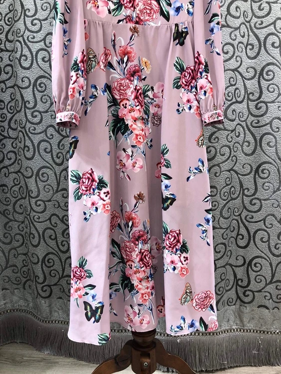 

Quality New High Runway Dress 2021 Spring Summer Clothing Women V-Neck Charming Floral Print Lace Patchwork Pink Blue Dress XL