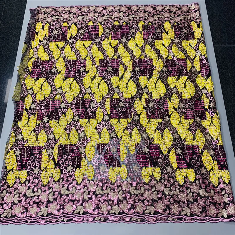 

5 yard Newest hot Selling French Lace with Sequins wax High Quality African Tulle cord Lace Net Embroidered Lace Fabric ZD102501