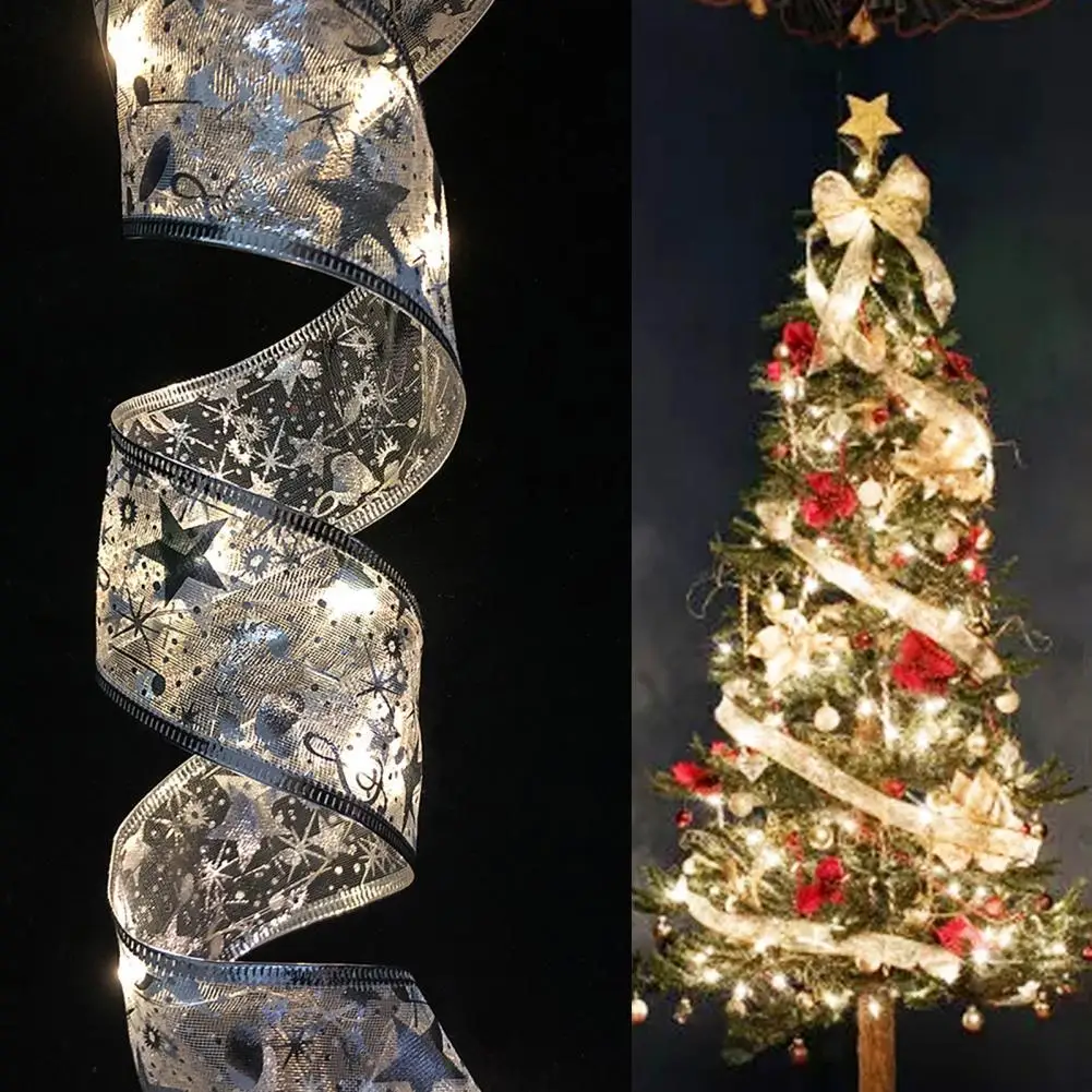 

1 Roll Christmas Ribbon With LED Lights Waterproof For Christmas Tree Decor 2022 New Year Fabric Fairy String Lights for Party