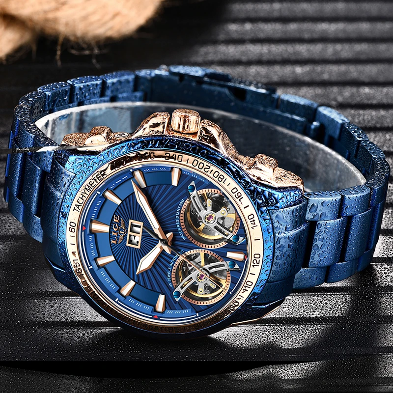 Автоматические Мужские часы LIGE новые спортивные мужские Модные с двойным