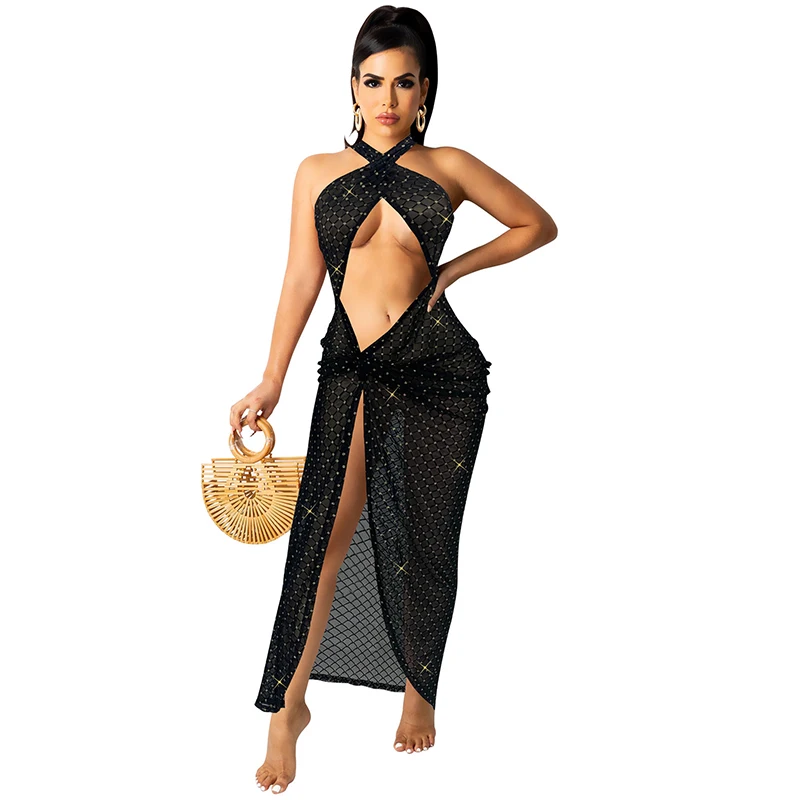 

Sexy Off-Shoulder Halter Chest-Wrapped Long Dresses Women Autumn Fashion Hollow Out Backless Slit Temperament Ladies Dress