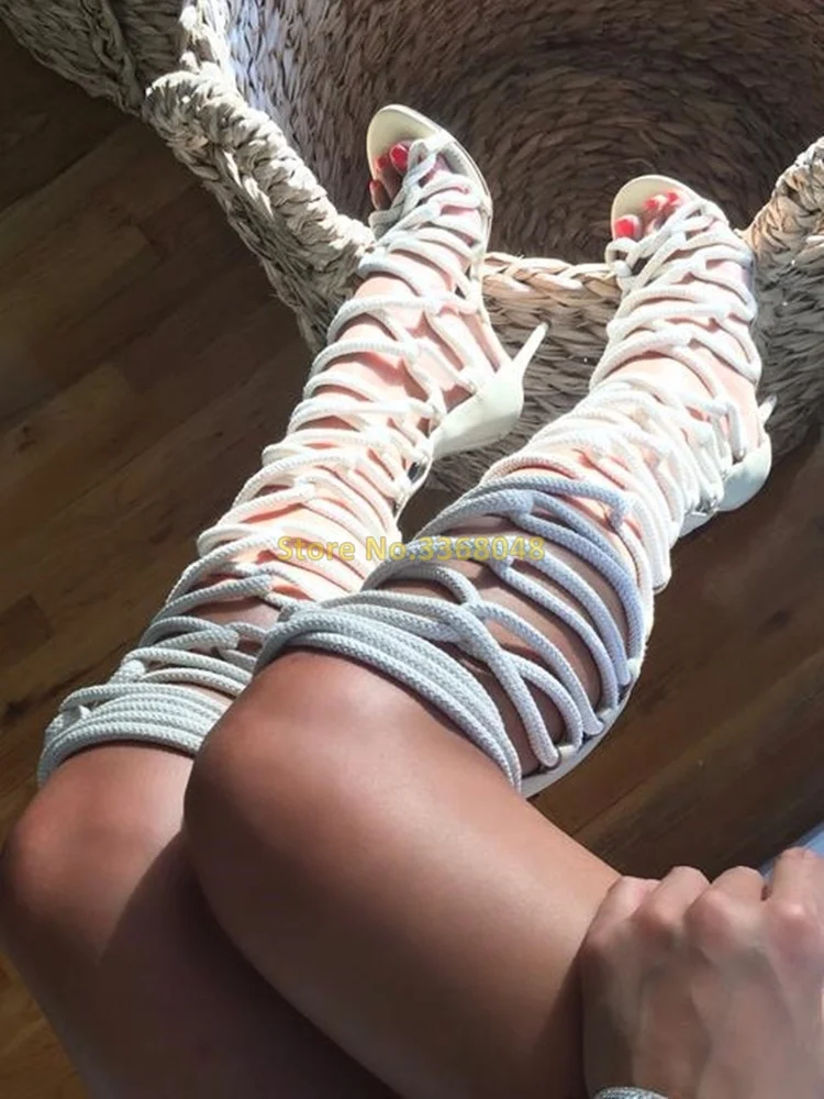 

Lace Up Gladiator Knee High Sandal Boots Rope Hollow Peep Toe Stiletto High Heel Back Zipper White Black Summer Shoes