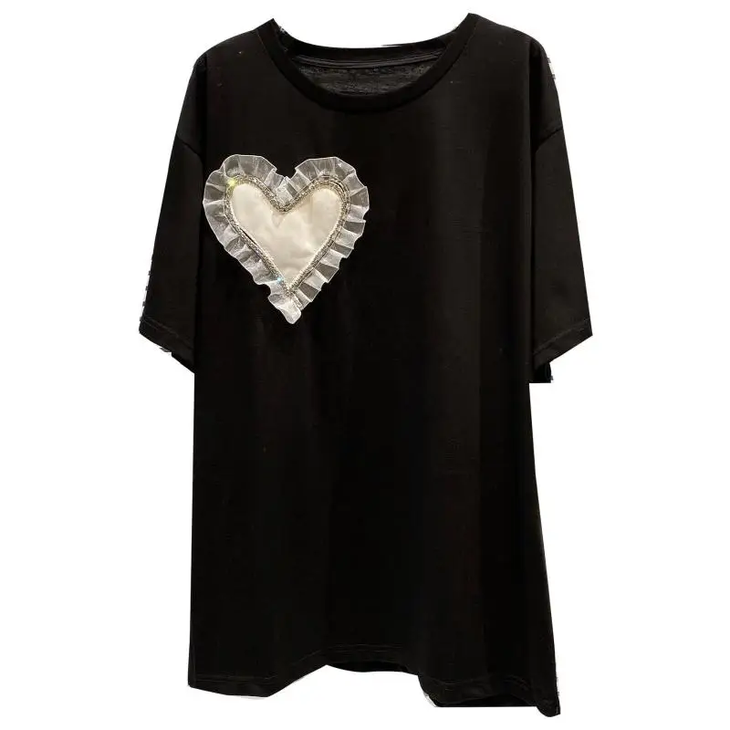 

2021 Summer Women T Shirt New Fashion Front Back Love Net Yarn Water Drill Loose Short Sleeve T-shirt Half Sleeve