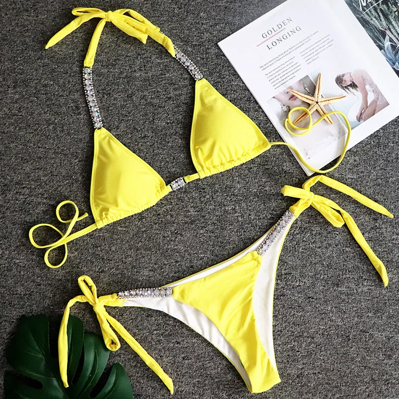 

Crystal Diamond Bikini 2021 Women Bandeau Swimsuit Female Halter Swimwear Two-pieces Bikini set Rhinestone Push up Bathing Suit