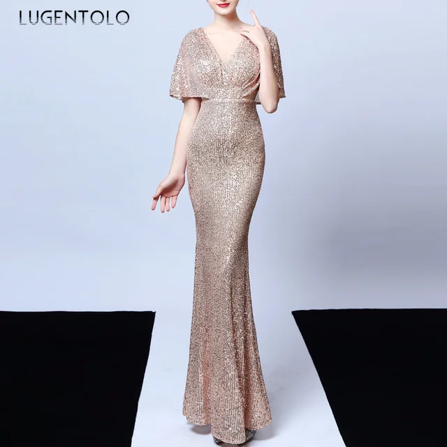 

Lugentolo Party Slim Dress Women Sexy Mesh V-neck Shiny Short Sleeve Dresses Large Size Ladies Temperament Dinner Long Dress