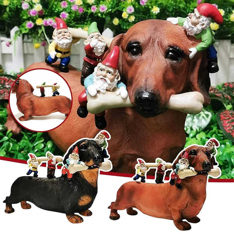 

Garden Dachshund Dog and Dwarf Statue Fairy Garden Decoration Outdoor Home Decor Room Sculptures Decoration