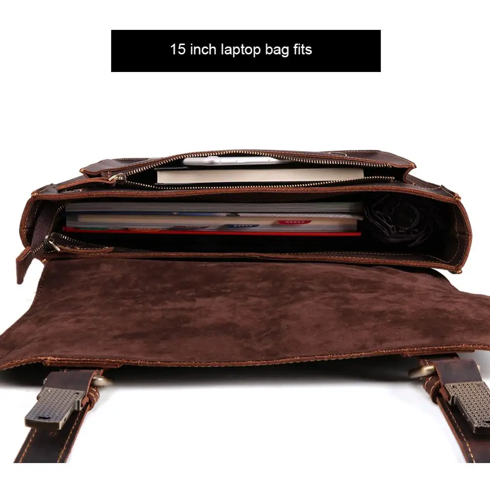Men Business Handbag Crazy Horse Genuine Leather Laptop Shoulder Bag Fashion Document Bag Cow Leather Office Briefcase Portfolio