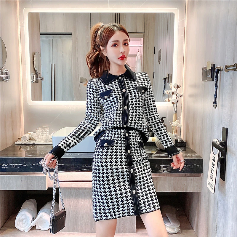 Women'S Fashion Houndstooth Knit Setup Winter Sweater Clothes With High Waist Skirt Autumn OL Two-Piece Korean Party Dress Sets |