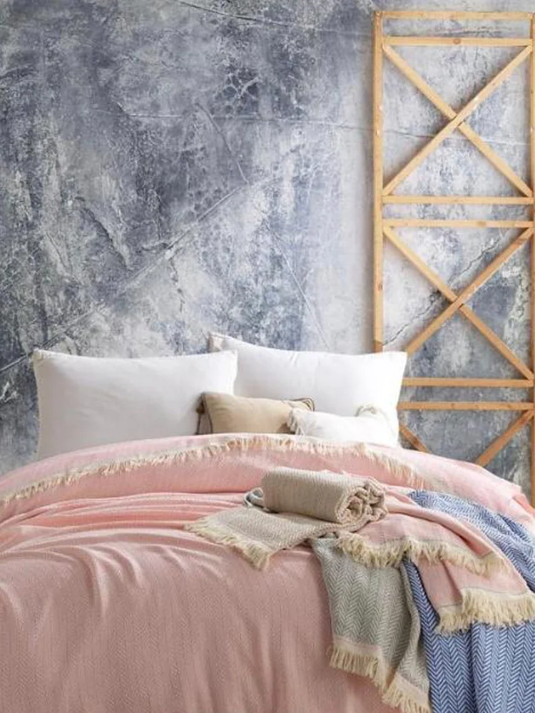 

Herringe Organic cotton double pique bed cover sofa shawl tv throws blankets Decorative Knit Fringed Queen Bedspreads Bedsheets