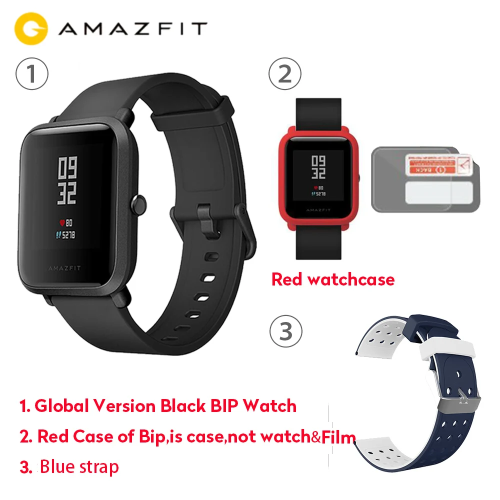 Red Case Blue Strap Официальные Смарт-часы Amazfit Bip, gps, умные часы, 45 дней в режиме ожидания, монитор сердечного ритма, будильник, вибрация, IP68, водонепроницаемые, напоминание о звонках - Цвет: Red Case Blue Strap