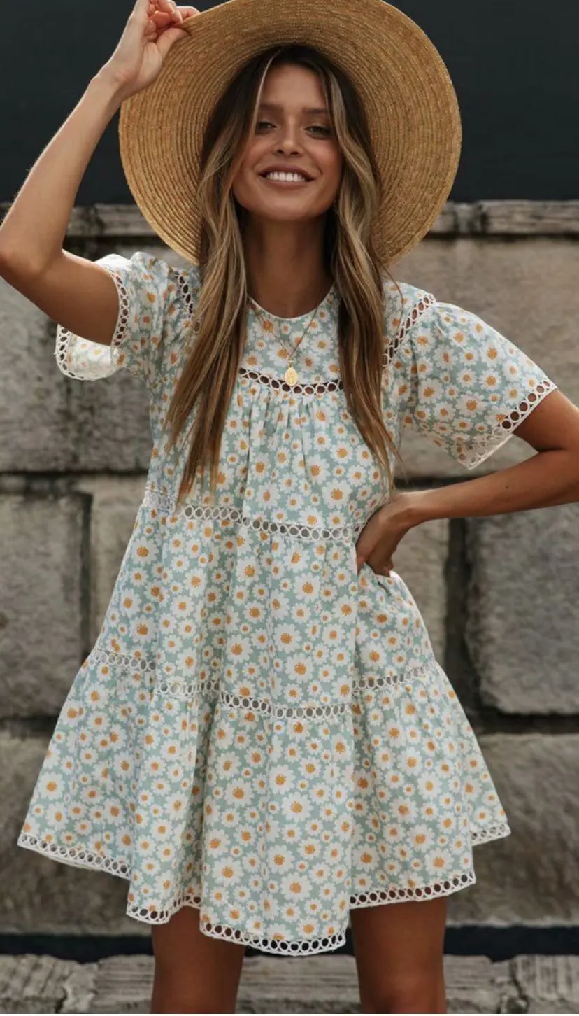 

Повседневное свободное летнее платье с маргариткой, 2020, с коротким рукавом, Цветочное платье бохо, Пляжное мини-платье с цветочным принтом д...