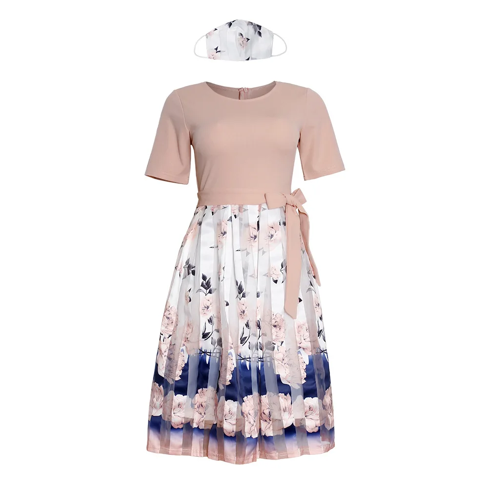 

Sweet Girls Women Plus Size Floral Printing Pleated Dress 2021 Spring Hot O-neck Short Sleeve Sashes Knee-length Dresses (2PCS)