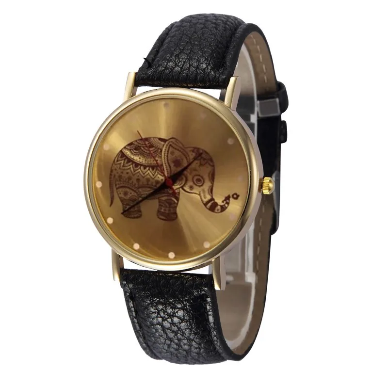 Модные милые женские часы с золотым Рисунком Слона кожаный ремешок кварцевые