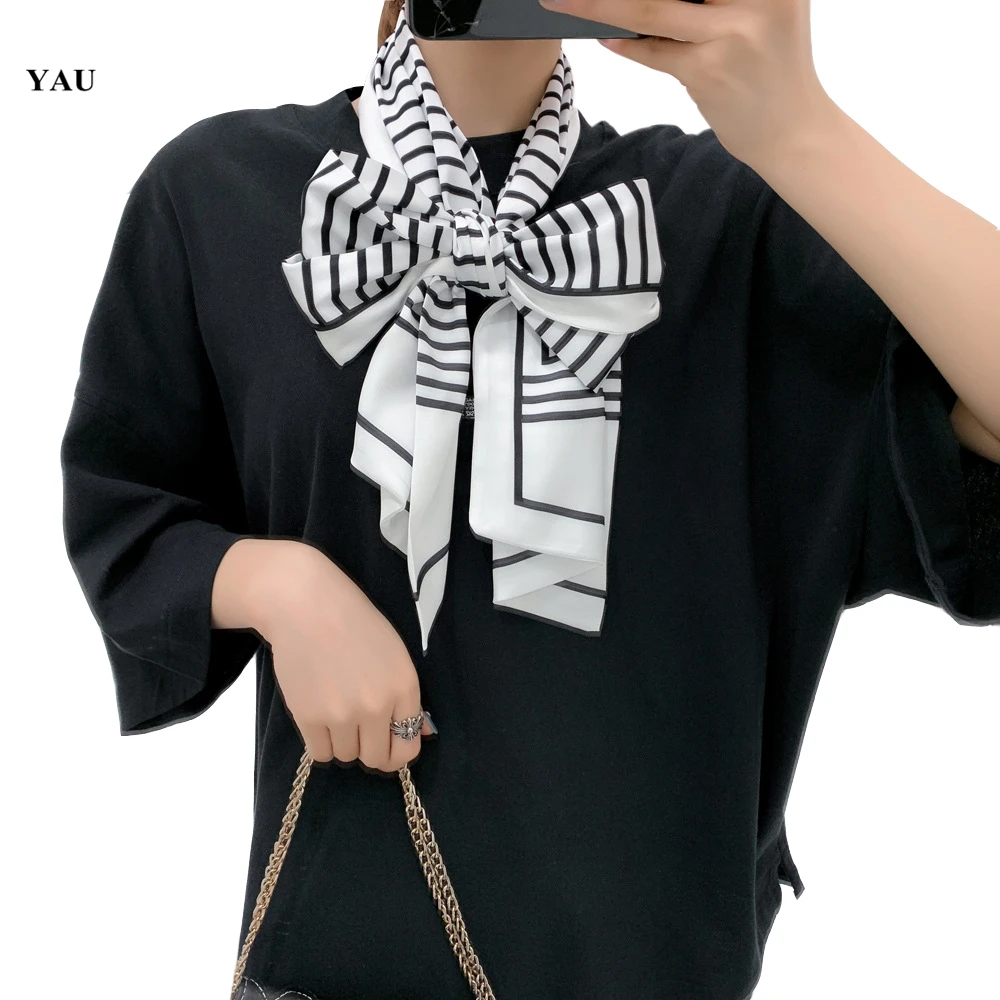 

Роскошный брендовый длинный шарф в полоску бежевого, черного, серого цветов, 160 см * 20 см, женские двусторонние шелковые шарфы, женский платок на голову