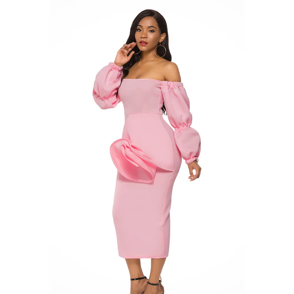 

Sexy Slash Neck Lantern Sleeve Long Banquet Woman Dress Elegant Slim Flowers Split Office Long Party vestido de mujer