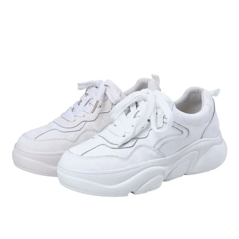 Taoffen Real Leather Sneakers Women Thick Sole Solid Color Lace Up Flats Shoes Daily Outdoor Leisure Shoes Women Size 35-39