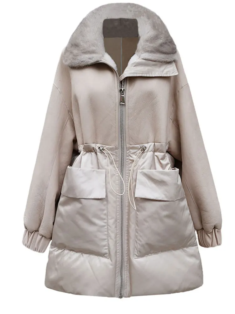 

CXFS 2021 Real Natural Sheep Fur Down Jacket Women Coat Mink Fur Collar Double-faced Genuine Leather Warm Winter Outerwear