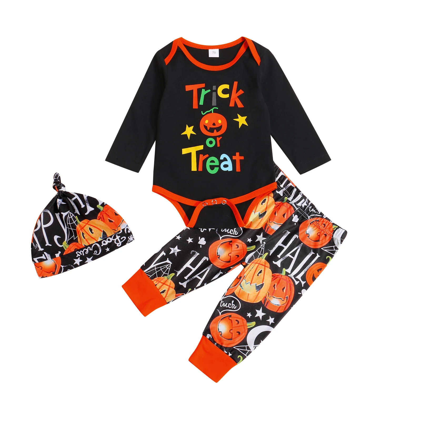 

Infant Newborn Baby Girl Boys Halloween Clothes Set Long Sleeve Bodysuits Pumpkin Pants Hats 3Pcs Spring Autumn Outfits