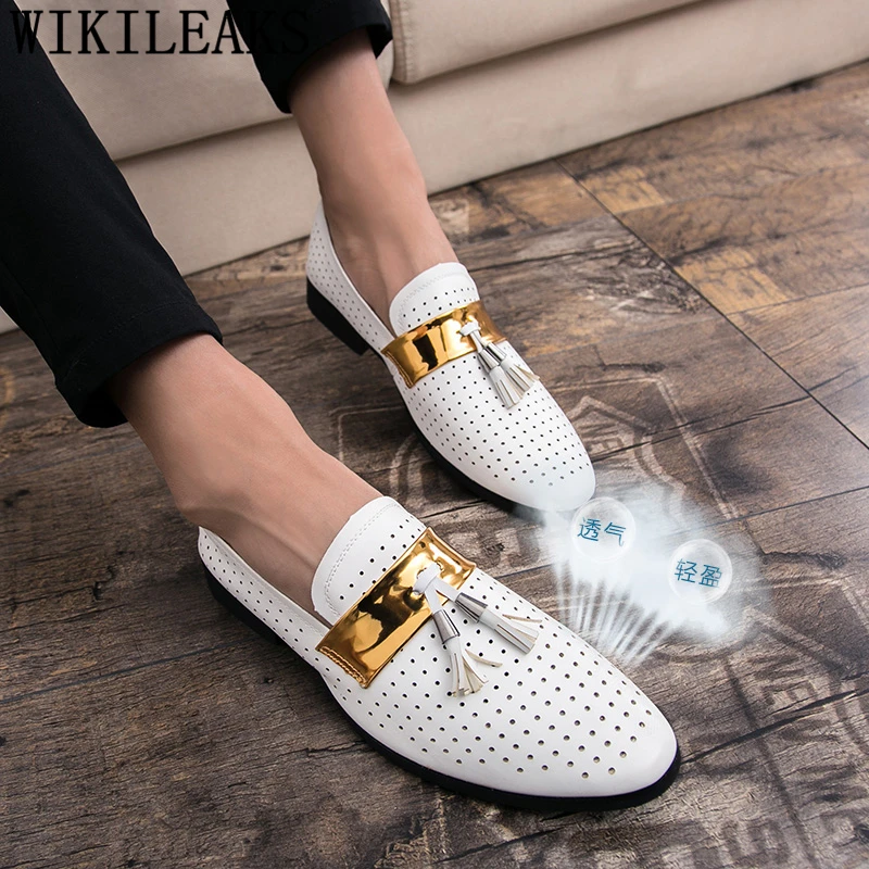 Мужские кожаные туфли с перфорацией белые свадебные оксфорды кисточками