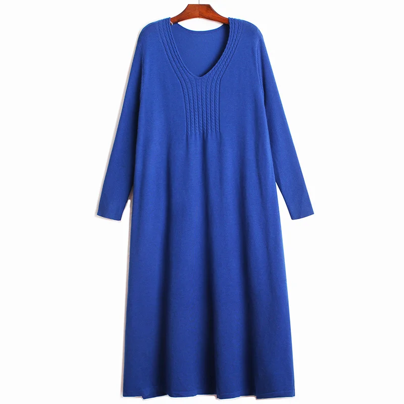 

Women Purplish Red Knitting Big Size Dress New V-Neck Long Sleeve Loose Fit Fashion Tide Spring Autumn 2021 U764