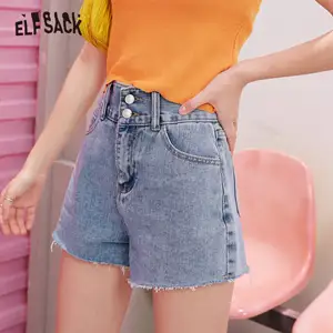 Женские джинсовые шорты с высокой талией ELFSACK, синие однотонные минималистичные шорты с высокой талией, лето 2020, Женские Повседневные базовые шорты из чистой потертой ткани в Корейском стиле