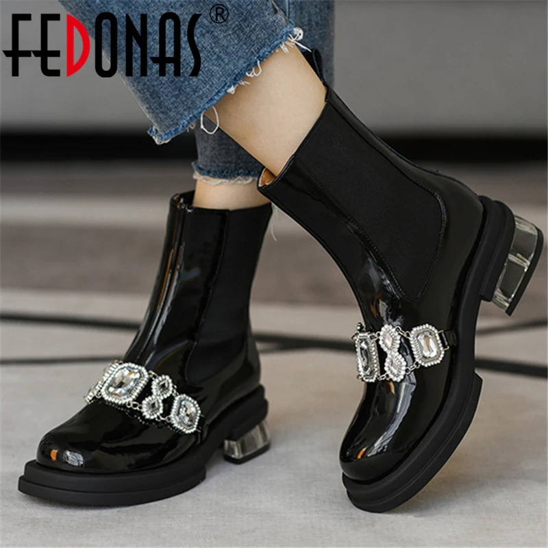 

FEDONAS Fashion Newest Rhinestone Women Ankle Boots Classic Genuine Leather Crystal Thick Heels Shoes Woman Autumn Winter Party