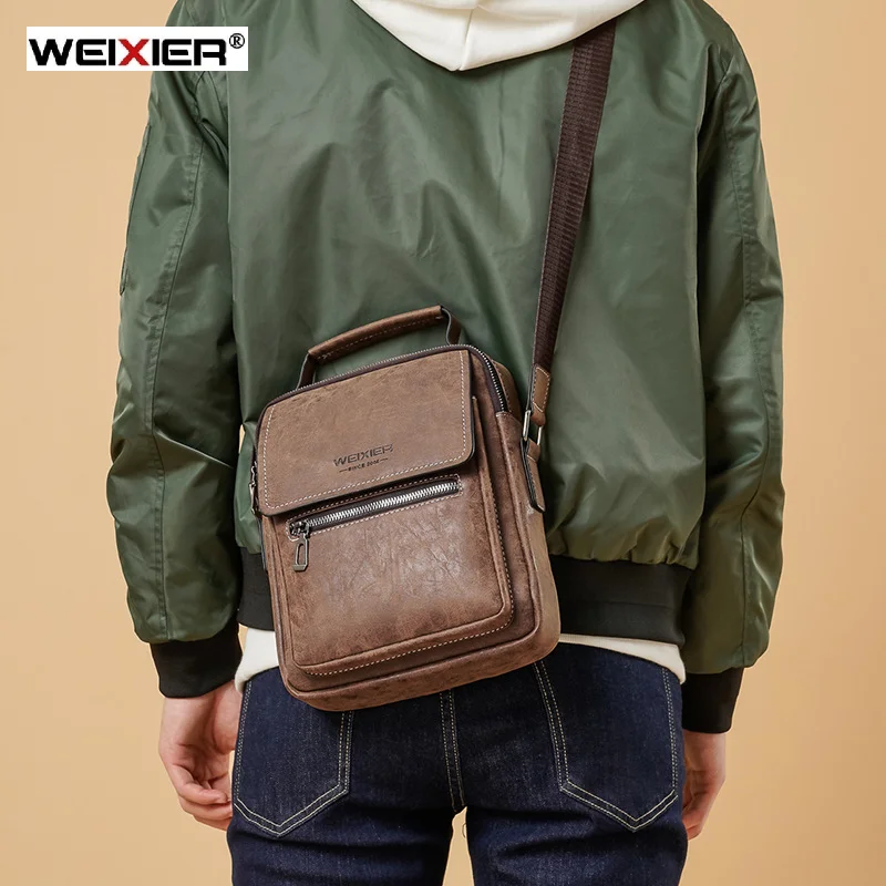 weixier New Arrival Fashion Vintage Busines PU Leather Men Messenger Bag Promotional Small Crossbody Shoulder Bag Casual Man Bag