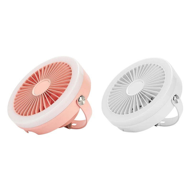 

2X Small Ceiling Fan Portable Wall-Mounted Fan USB Desktop Fan Night Light Outdoor Students Mini Fan -Pink & White