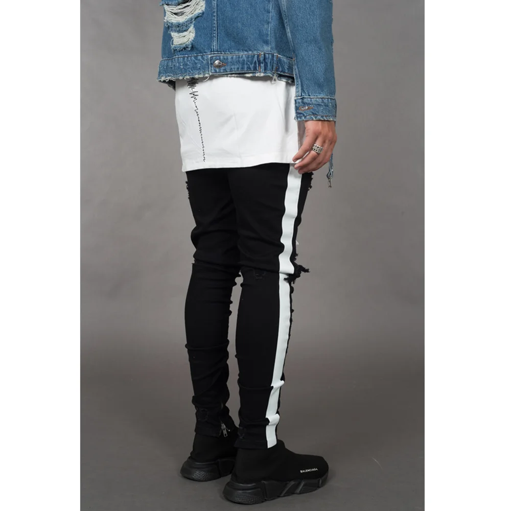 Men's Pants Bare Knees Streetwear Denim Jeans for Men Ripped Hole Stretch Jeans Plus Size Full Length Pencil Pants Side Stripes