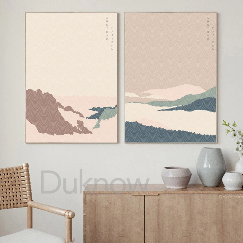 

Natural Landscape Abstract Art Prints Japanese Mountains Wave Canvas Painting Beige Terracotta Poster Wall Pictures Home Decor